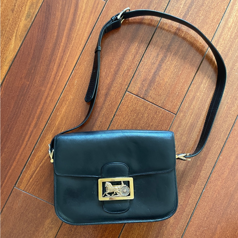Vintage Celine Black Leather Shoulder Bag Horse Carriage